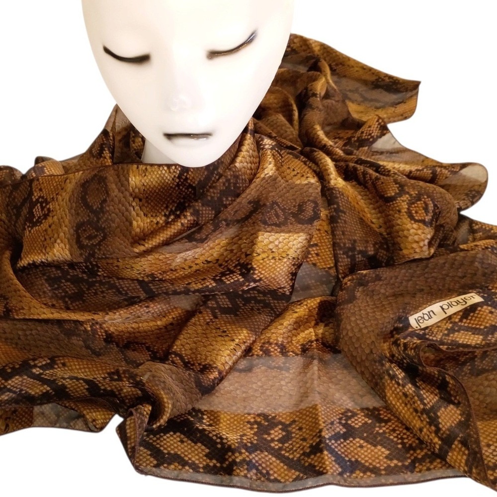 Vintage Jean Player Brown Snakeskin Print Sheer Scarf Gold Metallic Square 42"